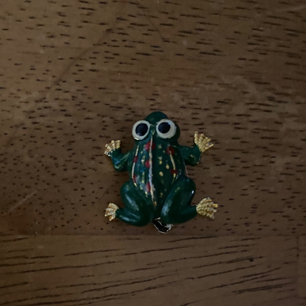 Vintage 70s 1970s Lucky Green Frog Enamel Pin brooch Gold Accents frogs eye luck